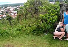 african blonde slut bent over for public doggystyle blowjob in park