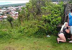 african blonde slut bent over for public doggystyle blowjob in park