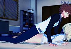 Saber, Rin Tohsaka, and Shirou Emiya in intense sex emotions from Fate Stay Night.