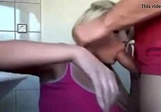 Chubby girlfriend sucking cock says, 'mommy, give me that cumshot facial on my big tits'