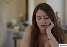 The Teen Blonde Roommate Seduces with Kissing and Licking, Leading to Strap On Sex and Orgasm.