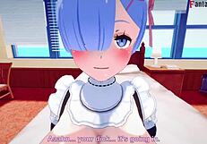 Rem gives boobjob and sucks cock in POV, big boobs maid fantasy