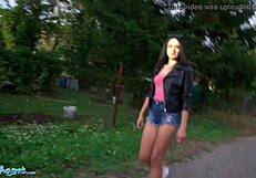 public agent mia trejsi teases pussy with dildo outdoors