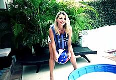 Busty blonde Vicky Vette fingers her cunt while playing with her huge tits at the party