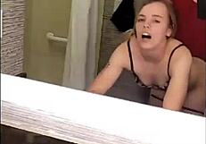 Petite sorority girl meets big cock in hotel bath