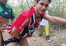 Roludos and machos have fun in outdoor amateur scene in the woods.