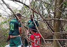 Roludos and machos have fun in outdoor amateur scene in the woods.