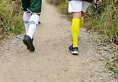Roludos and machos have fun in outdoor amateur scene in the woods.