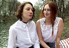 Amateur lesbians lick hairy pussies and share double dildo in wet cunilingus.