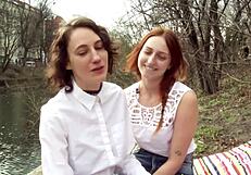 Amateur lesbians lick hairy pussies and share double dildo in wet cunilingus.