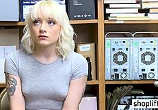 A blonde teen with small bosom is caught by a police officer who is not very much friendly