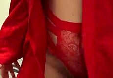 Brunette In Red Lingerie Plays With Herself