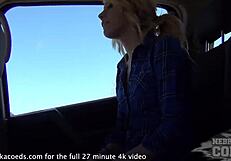 yo, barely 18 skinny blonde masturbating risky in public car!