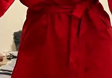 Brunette In Red Lingerie Plays With Herself