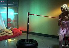 Rollerblading in pink stockings with boyfriend