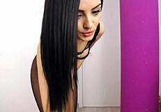 Super sexy cam girl returns in tight black nylon pantyhose.