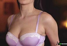 Masseuse with natural tits gives oiled massage