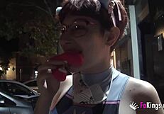 Busty teen Meraki gives free public blowjobs on Spanish streets today