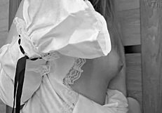 big girl in dress and stockings receives cum on pussy