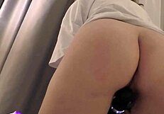 Brunette teen uses vibrator on big ass in closeup solo session