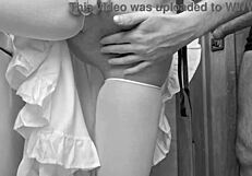 big girl in dress and stockings receives cum on pussy