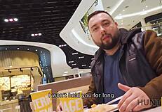 Red-haired belle gets banged by a stranger in a public toilet. Her boyfriend watches in shock!