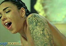 Oiled up European babes engage in steamy scissoring session