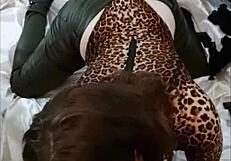 French amateur in black leather pants rims and doggystyles passionately