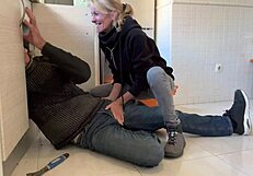 hot wife blowjob to the plumber in the kitchen with cum in mounth