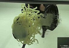 Asian Woman Stomps Noodles In Shoes