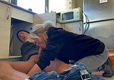 hot wife blowjob to the plumber in the kitchen with cum in mounth