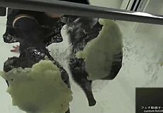 Asian Woman Stomps Noodles In Shoes