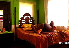 Black cheerleader dominates and gets double penetration on bed