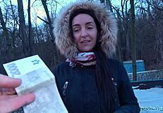 brunette with natural tits has sex for cash outdoors