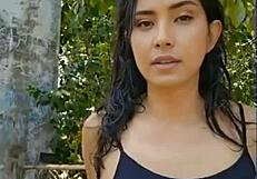 Skinny Latina Brunette Stuns with Wet Tits in Beautiful Forest Nature Scene. Watch Her Now.