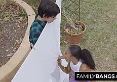 Interracial family bangs with a taboo teen spying on yoga