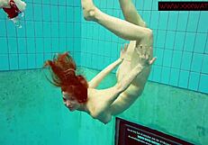 Hairy ginger polish teen 18+ gets naked in bikini at pool underwater