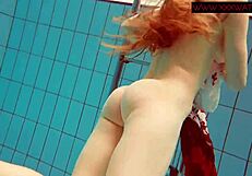 Hairy ginger polish teen 18+ gets naked in bikini at pool underwater
