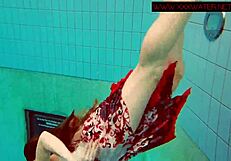 Hairy ginger polish teen 18+ gets naked in bikini at pool underwater