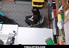 Petite teen shoplifter caught and fucked by security guard