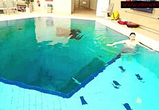 Hairy ginger polish teen 18+ gets naked in bikini at pool underwater