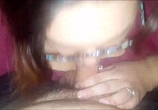 Beautiful glasses wearing chubby girl gives great blow job
