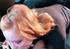 Redhead Sucks Taxi Driver's Dick And Swallows Cum In Car - POV
