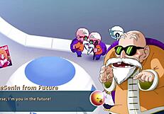 kame paradise 2 - vados shows master roshi her huge boobs in gay handjob parody