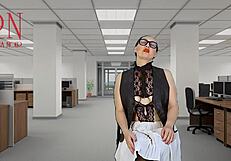 Adorable secretary in stockings undresses at office, seducing boss by showing her pussy and tits.