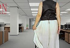 Adorable secretary in stockings undresses at office, seducing boss by showing her pussy and tits.