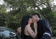 mechanic and boyfriend tag team latina babe with deepthroat and ass shaking outdoors