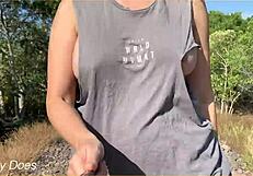 Wife dares to flash big tits in public with ripped shirt for exhibitionist thrill