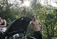 mechanic and boyfriend tag team latina babe with deepthroat and ass shaking outdoors