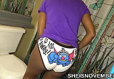 Pretty Ebony Girl Dresses Slowly in Bathroom